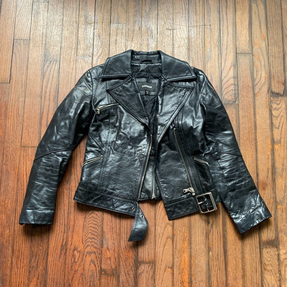 EXPRESS Black Genuine Leather Jacket | Size XS